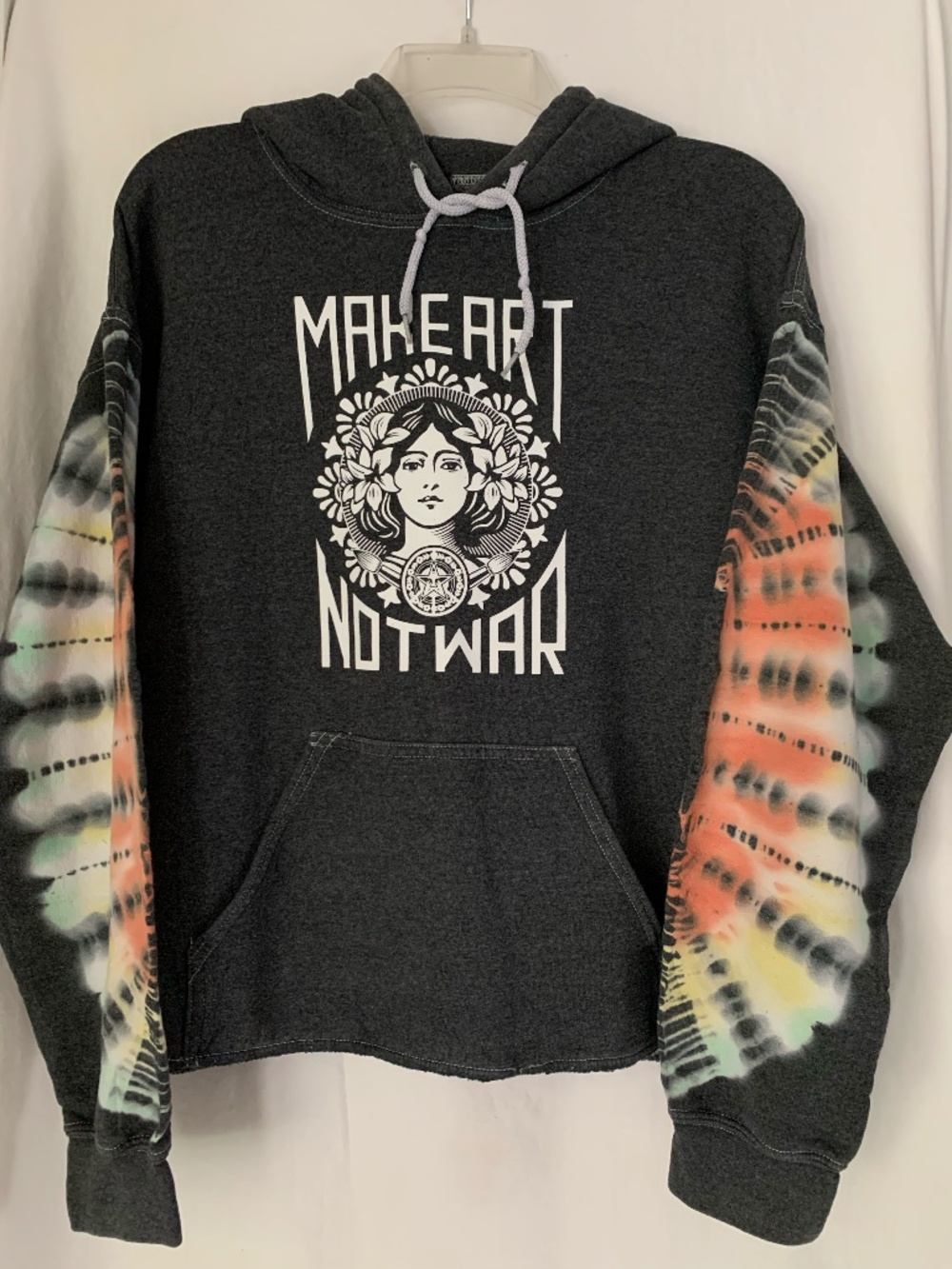 Obey charcoal gray hooded sweatshirt with 'Make Art Not War' graphic